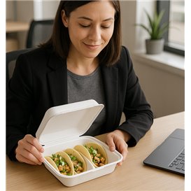 Assiette Porte-Tacos avec Couvercle en Fibre de Pulpe Blanc 3 Compartiments 41x48x40cm (300 Utés)