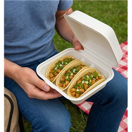 Assiette Porte-Tacos avec Couvercle en Fibre de Pulpe Blanc 3 Compartiments 41x48x40cm (300 Utés)
