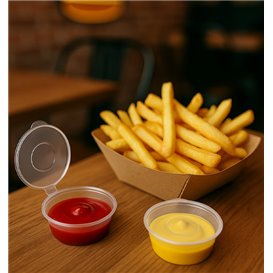 Pot à Sauce Rond avec Couvercle Attaché en Plastique PP Transparent 60ml (1.000 Utés)