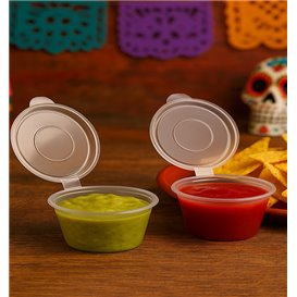 Pot à Sauce Rond avec Couvercle Attaché en Plastique PP Transparent 60ml (1.000 Utés)