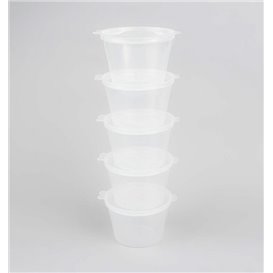 Pot à Sauce Rond avec Couvercle Attaché en Plastique PP Transparent 120ml (50 Utés)