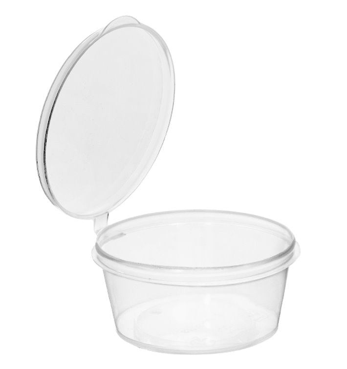 Pot à Sauce Rond avec Couvercle Attaché en Plastique PP Transparent 30ml (100 Utés) Pot à Sauce Rond avec Couvercle Attaché en Plastique PP Transparent 30ml (100 Utés)