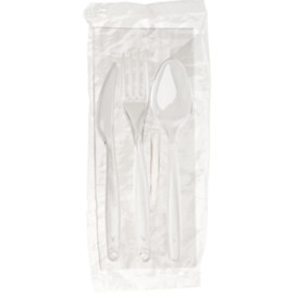 Plastic PS bestekset vork, lepel, mes en servet transparant (25 stuks)