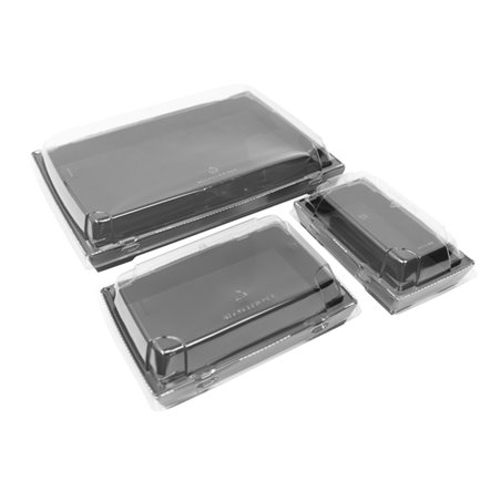 Boîte à sushi en carton noir ouverte montrant l’intérieur