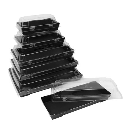 Boîte à sushi en carton noir présentée avec un menu