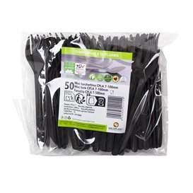 Mini fourchette de Dégustation en CPLA Plastique Noir 10 cm (1000 Utés)