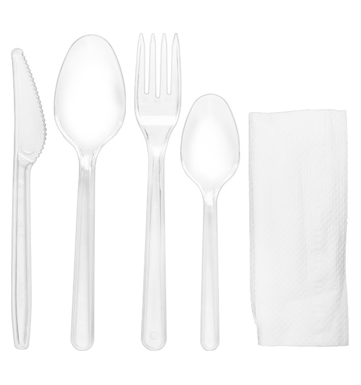 Set de Couverts Réutilisables PS Fourchette, Couteau, Cuillère, Petite Cuillère et Serviette (25 Utés)