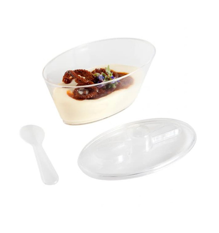 Verrine Plastique Ovale avec Couvercle et Cuillère 10,1x6,1x6cm 