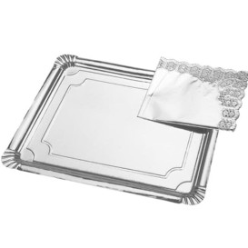 Plat rectangulaire en Carton Argenté 34x42cm (50 Unités)